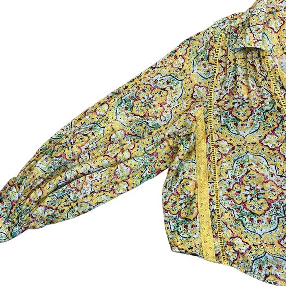 Anthropologie Pilcro Sz 1X Pintuck Peasant Blouse Yellow Floral Crochet Cottage - Picture 10 of 16